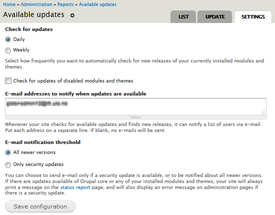 Warning about update notifications being turned off. Warning.